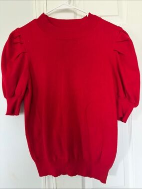 Red Puff Sleeve Knit Top - Women